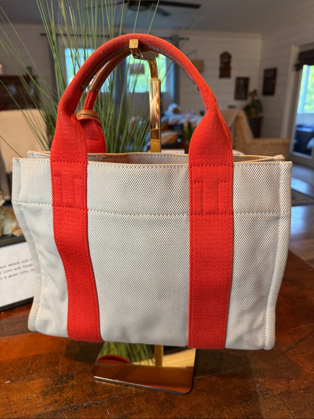 Tory Burch Canvas Tote with Red Straps and oversized Charm - Picture 6 of 13